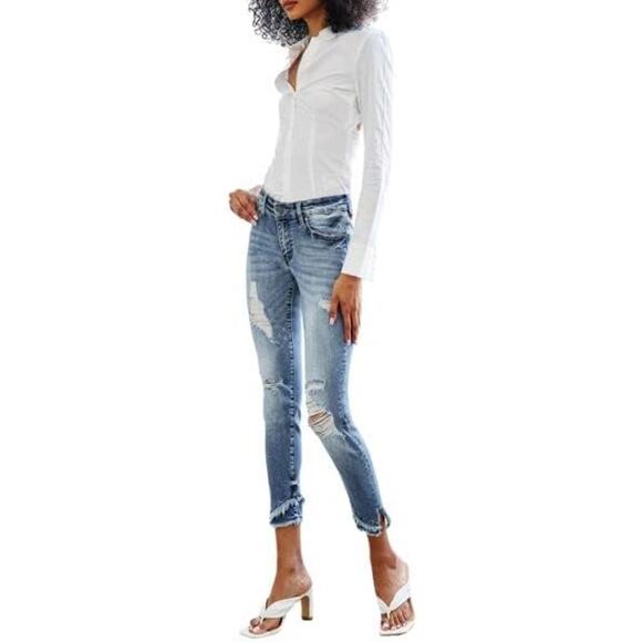 Kancan Loveland Mid Rise Fray Raw Angled Hem Skinny 6204m Distressed 5/26 - Picture 1 of 11